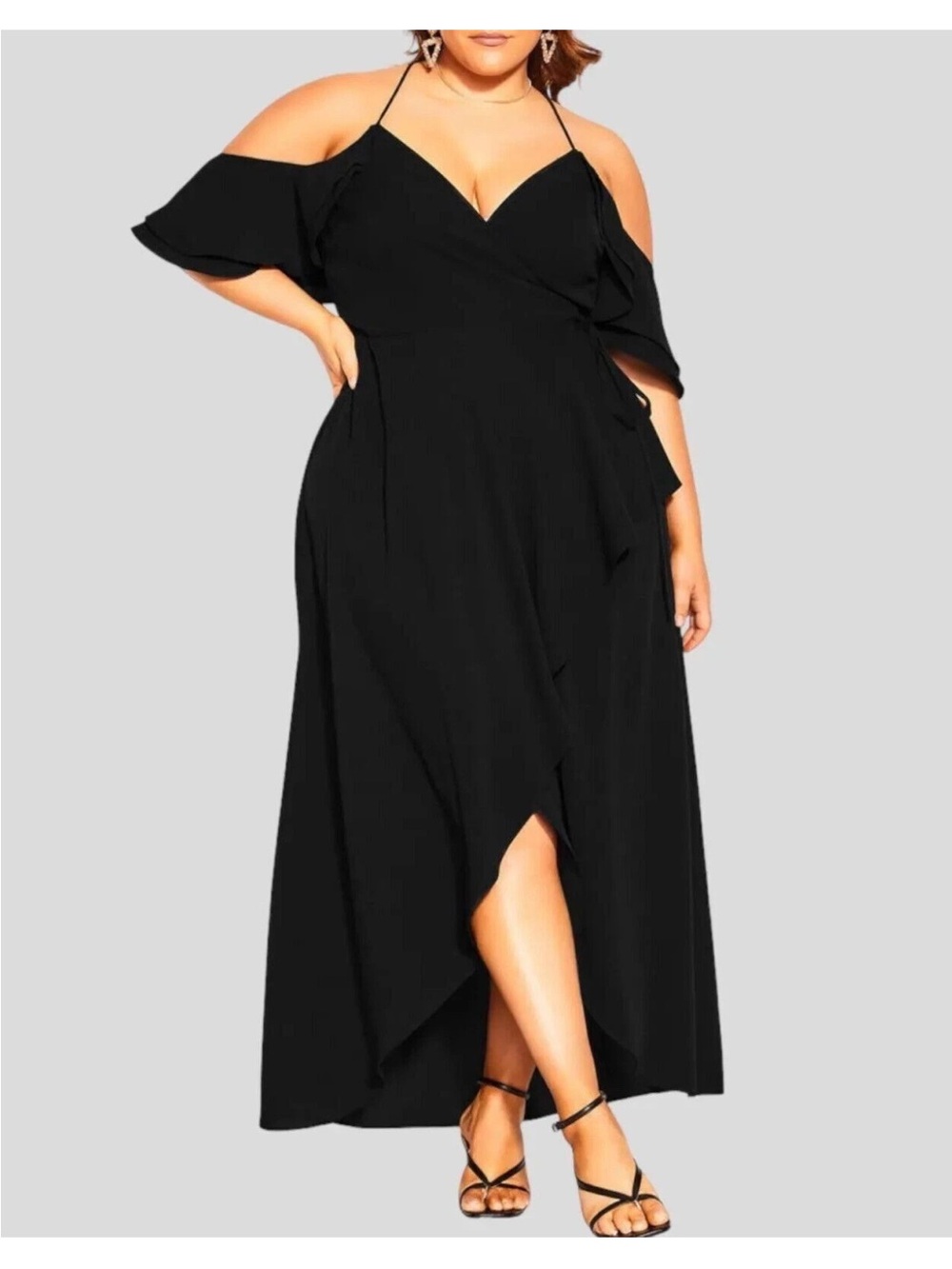 City Chic Black Cold-Shoulder Wrap High-Low Maxi